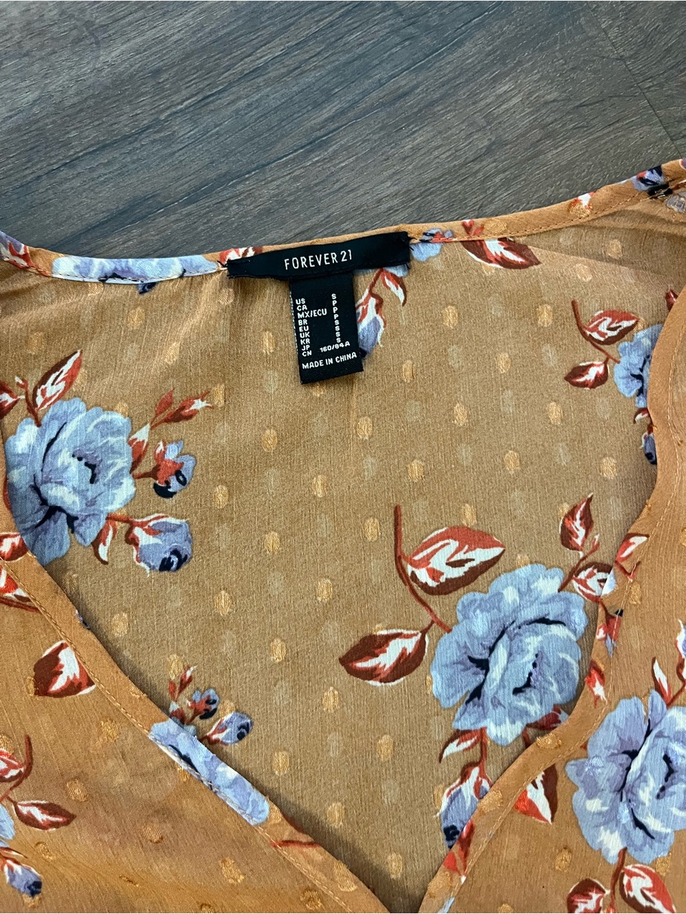Forever 21 Rust-Orange Boho Floral V-Neck Babydoll Flowy Blouse with Blue Roses - Picture 3 of 9